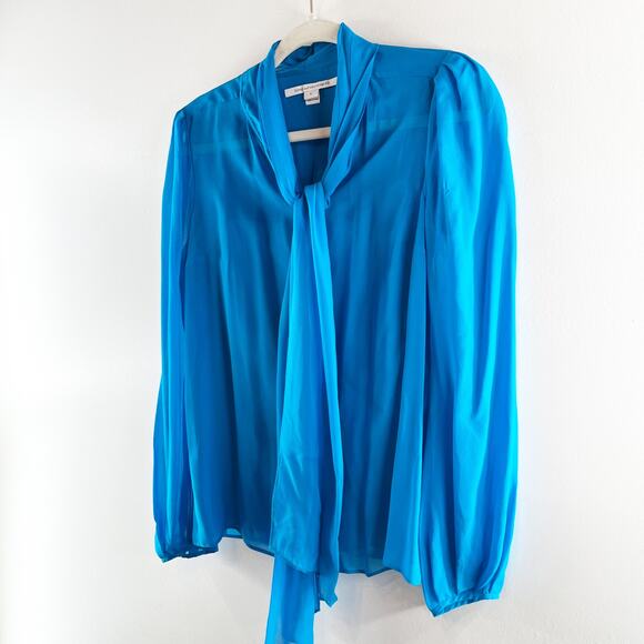 Diane Von Furstenberg Jezebel Tie Neck Chiffon Sheer Button Up Blouse Blue 6 - Picture 11 of 12
